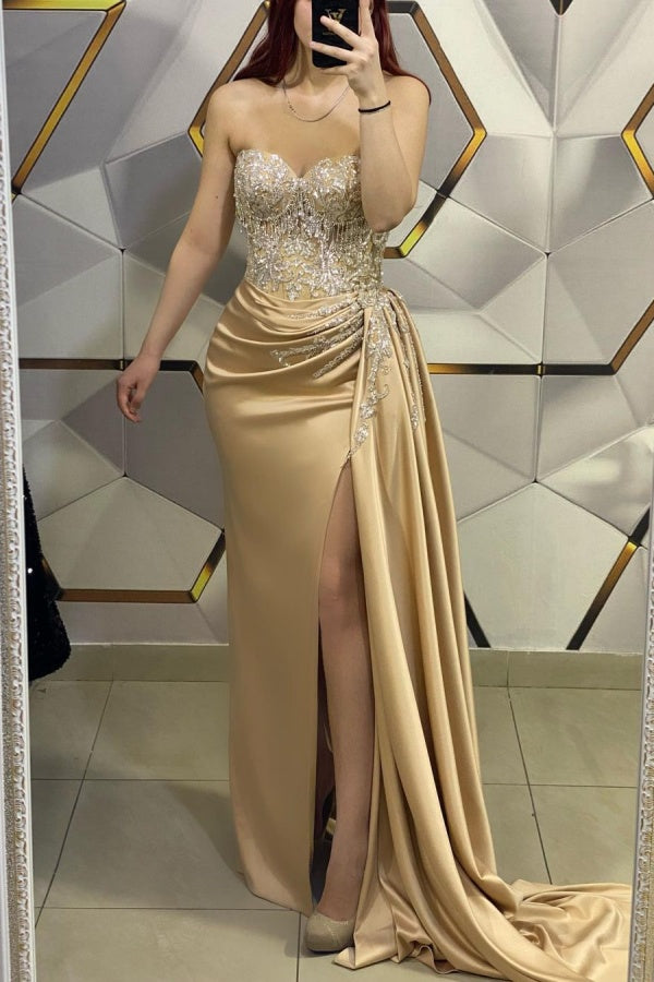 Gold Sleeveless Prom Dress V-Neck with Sequin Appliques