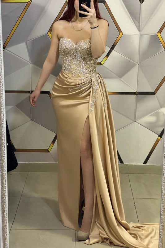 Gold Sleeveless Prom Dress V-Neck with Sequin Appliques