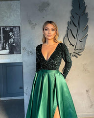 Gorgeous Long Sleeves V-Neck Prom Dress Sequins Party Gowns With Slit