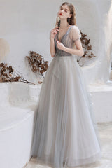 Gorgeous Light Grey Short Sleeve Prom Dress Tulle Long With Beads