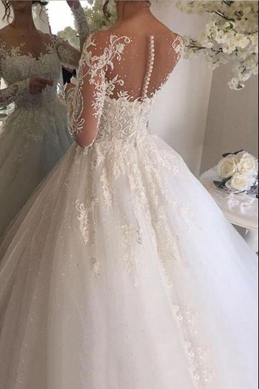 Elegant White Wedding Dresses With Appliques and Long Sleeves