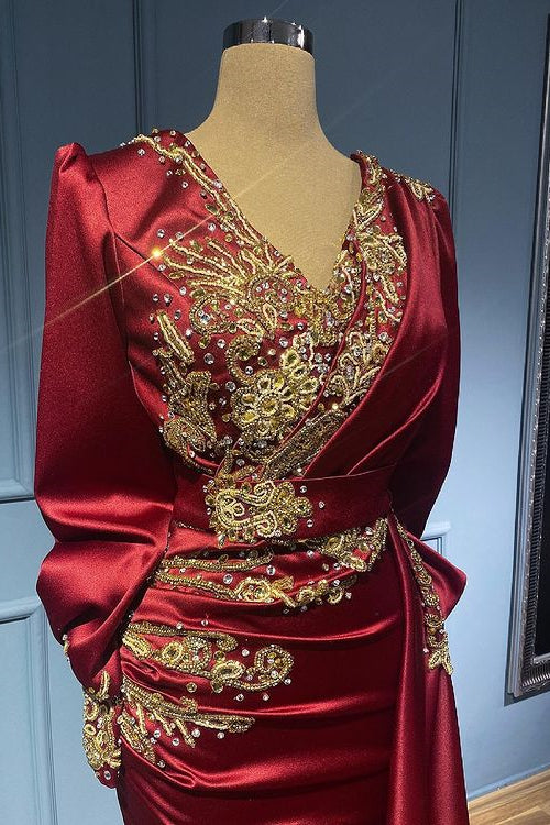 Burgundy Long Sleeves Beads Mermaid Ruffles Evening Dress with Appliques
