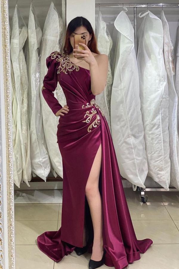 Amazing One Shoulder Long Sleeve Prom Dress Mermaid Slit Appliques