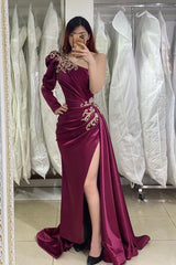 Amazing One Shoulder Long Sleeve Prom Dress Mermaid Slit Appliques