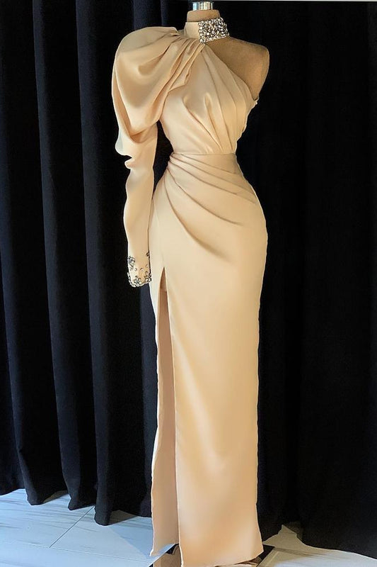One Shoulder Long Sleeves Mermaid Prom Dress Crystals