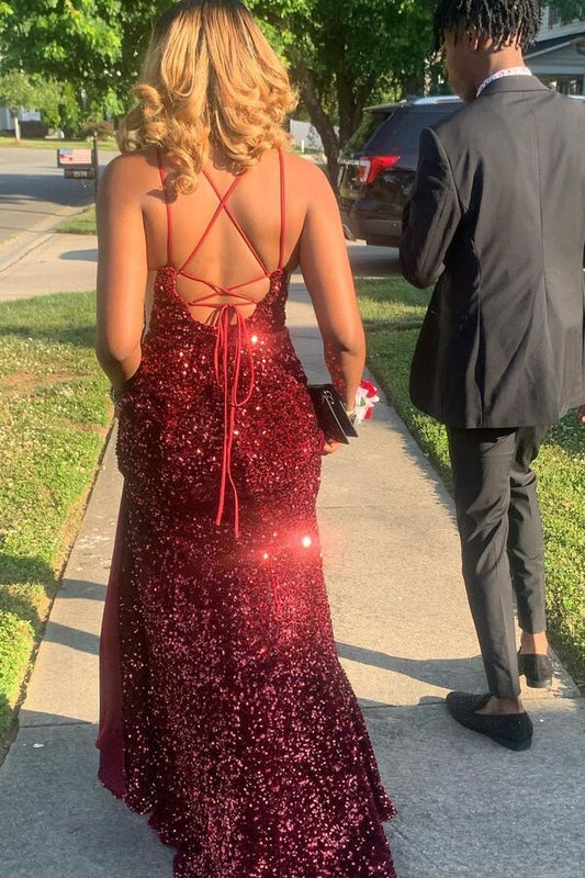 Modern Burgundy V-Neck Sleeveless Mermaid Prom Dress With Sequins Split