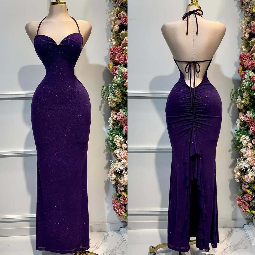 Stunning Grape Halter Backless Prom Dress Mermaid Sleeveless Sweetheart