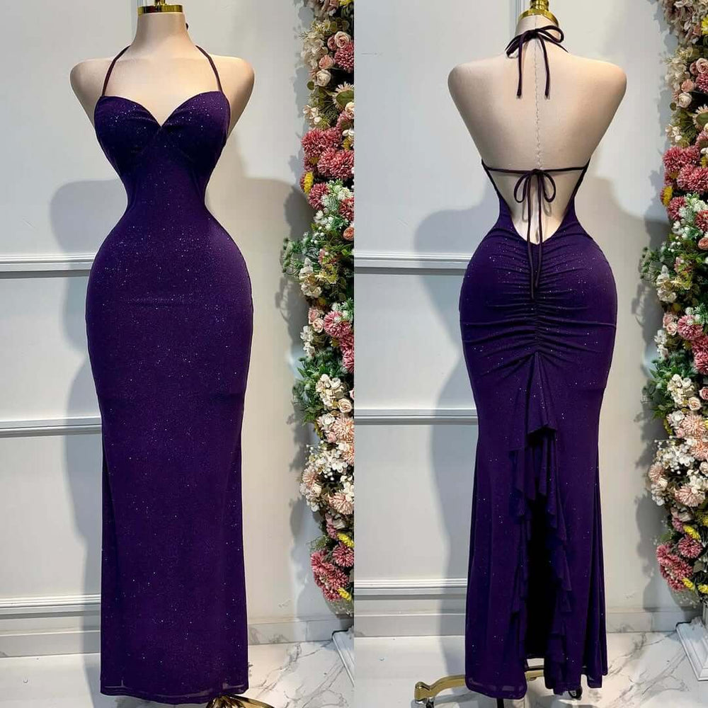 Stunning Grape Halter Backless Prom Dress Mermaid Sleeveless Sweetheart