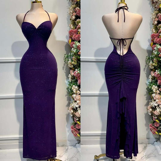 Stunning Grape Halter Backless Prom Dress Mermaid Sleeveless Sweetheart