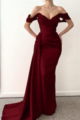 Red Mermaid Beadings V-Neck Off-the-Shoulder Prom Dress Long with Ruffles