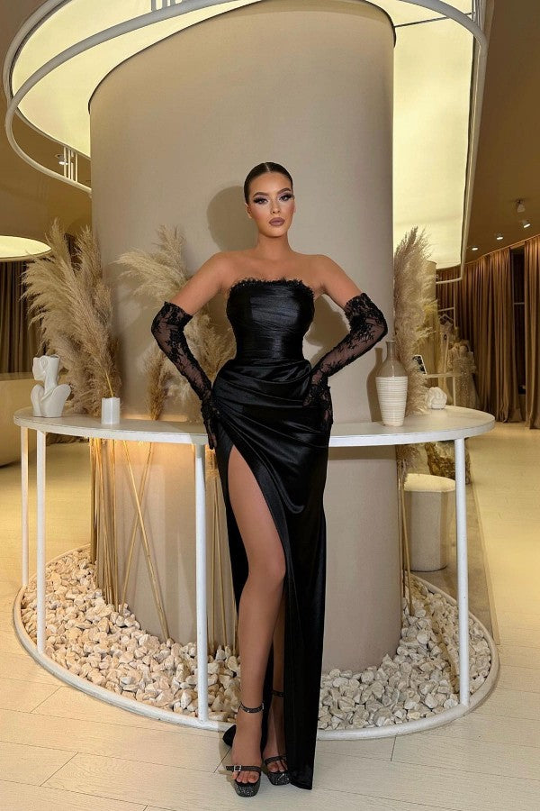 Gorgeous Black Strapless Mermaid Prom Dress Pleats With Split
