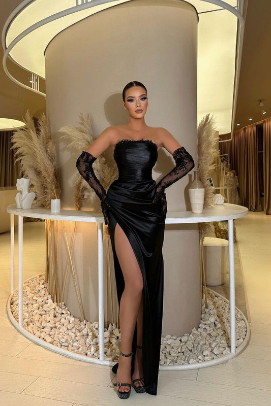 Gorgeous Black Strapless Mermaid Prom Dress Pleats With Split