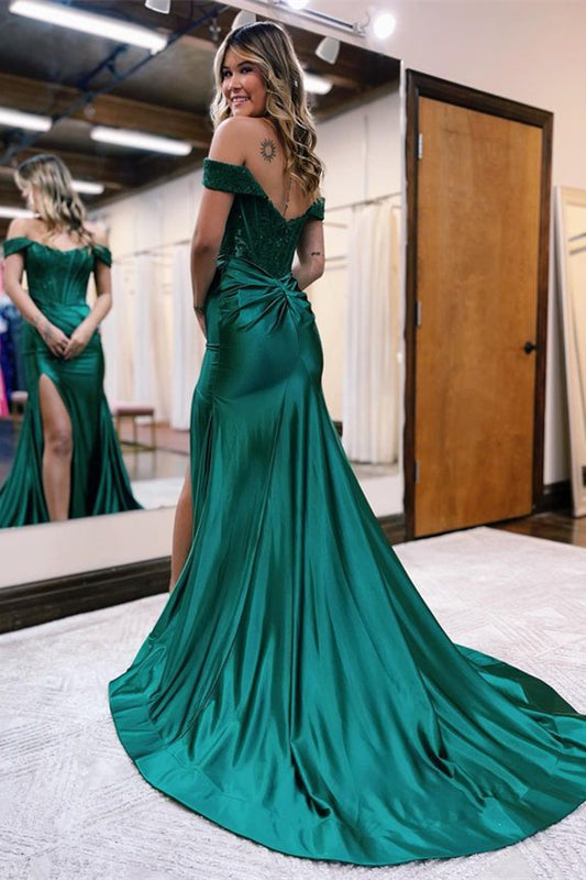 Elegant Off-the-Shoulder Mermaid Prom Dress Appliques With Slit