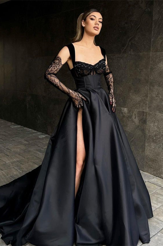 Chic Black Straps Sweetheart Prom Dress Slit With Beads