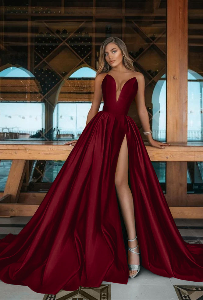 Emerald Green V-Neck Prom Dress Long with Split