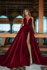 Emerald Green V-Neck Prom Dress Long with Split