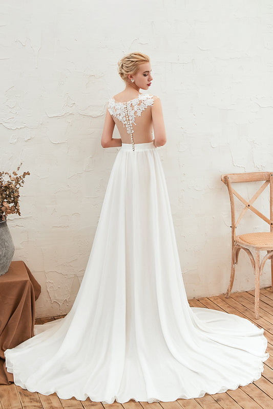 Elegant Bateau Neckline Chiffon Lace Wedding Gown with Ruffles and Slit