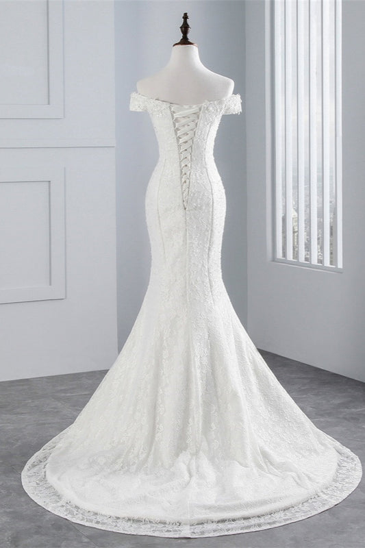 Elegant Floor-length Off-The-Shoulder Mermaid Bridal Gown With Lace