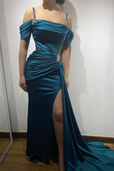 New Arrival  Ink Blue Off-The-Shoulder Spaghetti-Straps Mermaid Prom Dress Beaded With Split Ruffles