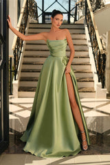 Chic Sage Green Strapless Prom Dress Long Pleats With Split