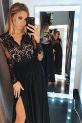 Amazing Long Sleeves Black Prom Dress Long Appliques Split