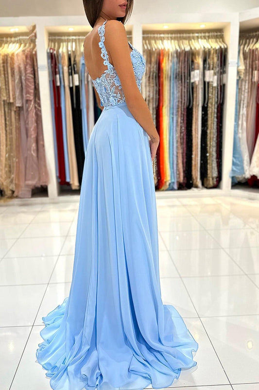 Baby Blue Sweetheart A Line Lace Long Prom Dress With Slit