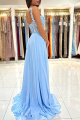 Baby Blue Sweetheart A Line Lace Long Prom Dress With Slit