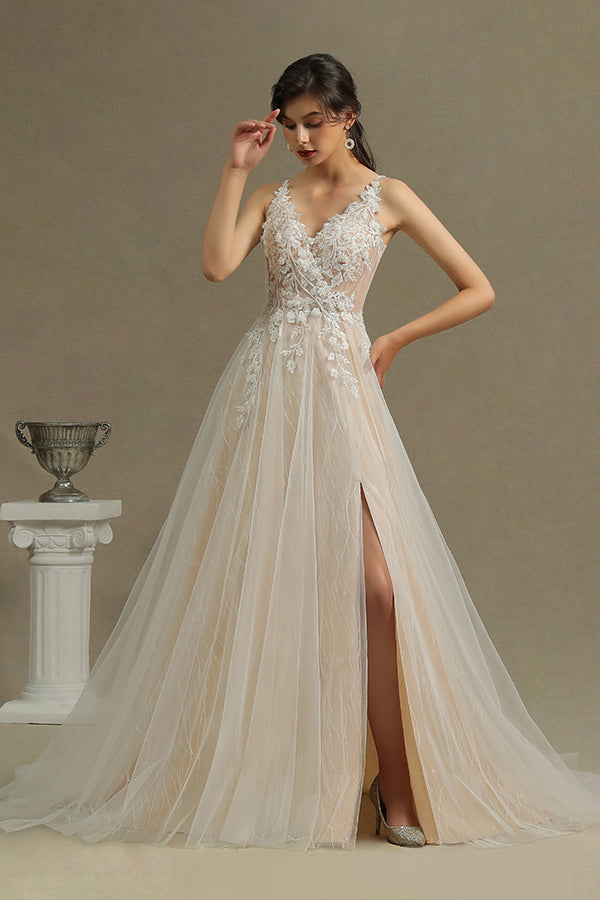 Elegant Backless A-line Wedding Dress with Floral Appliques and Chic Straps