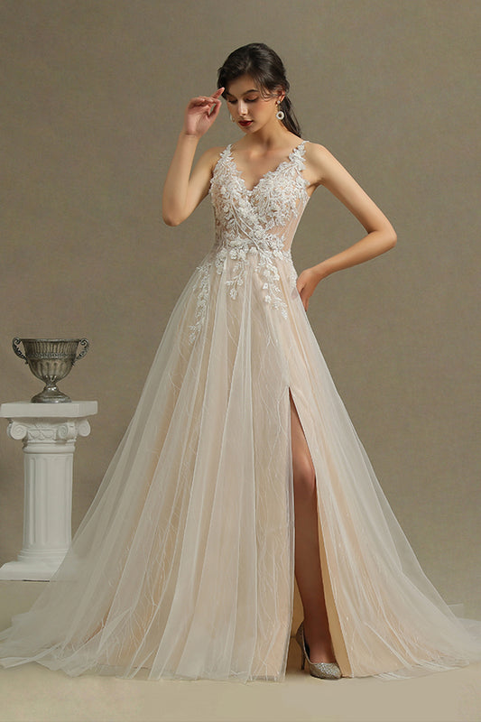 Elegant Backless A-line Wedding Dress with Floral Appliques and Chic Straps