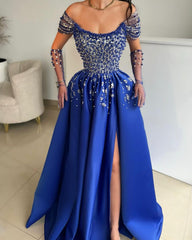 Beautiful Royal Blue Off-the-Shoulder Long Sleeves Prom Dresses Long With Beads Pearls