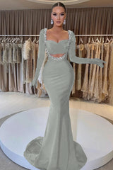 Black Beaded Prom Dress With Gloves Sweetheart Long Sleeve Mermaid