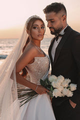 Elegant One Shoulder A-line Wedding Gown with Sequins and Long Sleeves