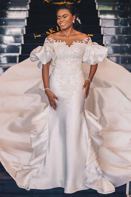 Sweetheart Mermaid Wedding Dress with Bubble Sleeves Applique and Cathedral Train