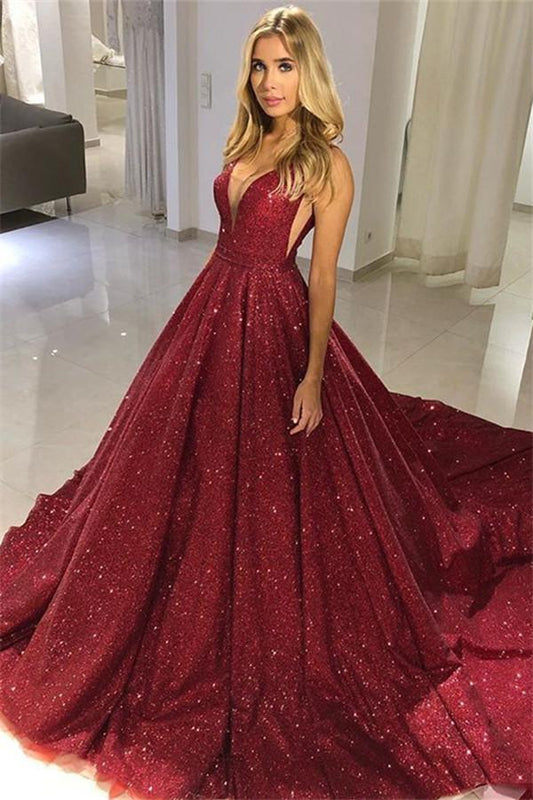 Burgundy V-Neck Sequins Prom Dress Sleeveless Princess Dress