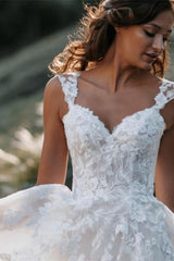 A-Line Wedding Dress with Lace Cap Sleeves in Tulle