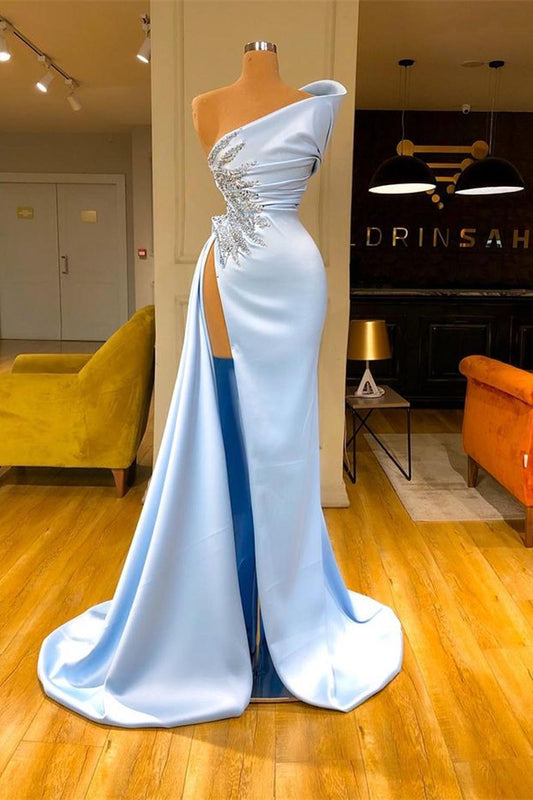 Charming Sky Blue Mermaid Prom Dress Long Split With Beads