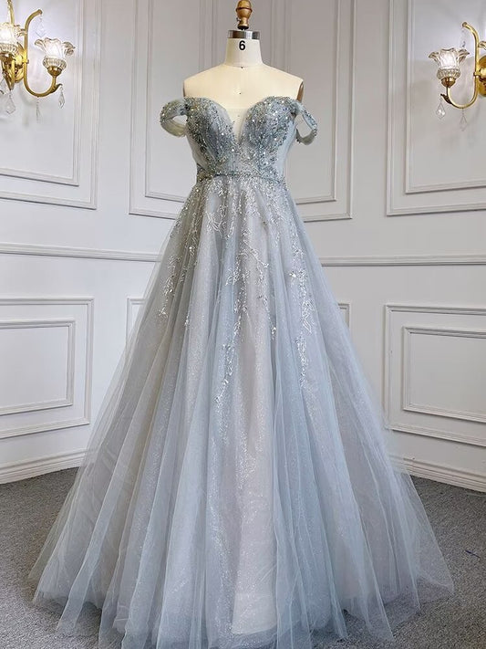 Dusty Blue Sequin Prom Dress Long A Line V Neck Sleeveless Backless