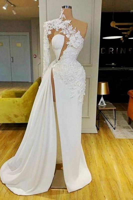 White Long Sleevess Lace Appliques Prom Dress Mermaid One Shoulder Party Gowns