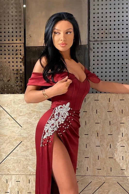 Fabulous Burgundy Off-the-Shoulder Sleeveless Mermaid Prom Gown With High Split Beadings
