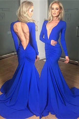 Gorgeous Royal Blue Long Sleeves Prom Dress Mermaid Backless
