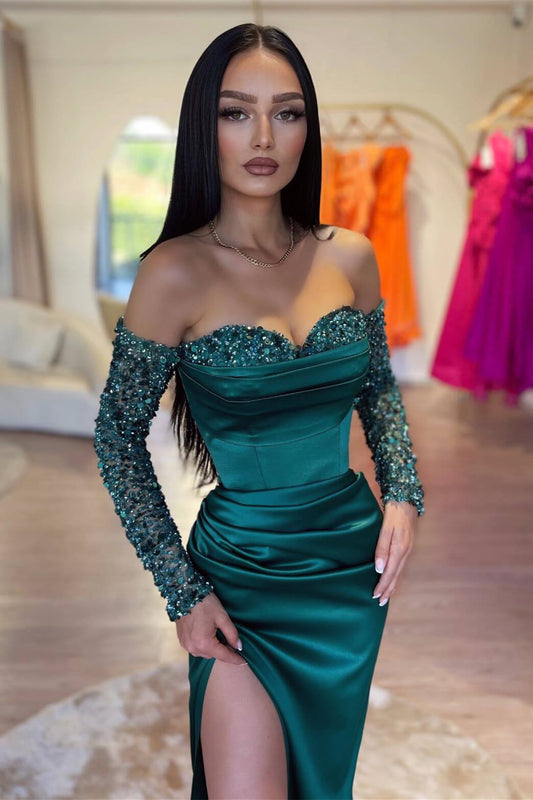 Stunning Dark Green Sweetheart Evening Prom Dress Mermaid Long With Split Pleats