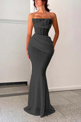 Burgundy Sleeveless Strapless Square Mermaid Prom Dress With Pleated