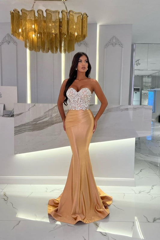 Gold Prom Dress Sweetheart Sleeveless Strapless With Rhinstone Mermaid