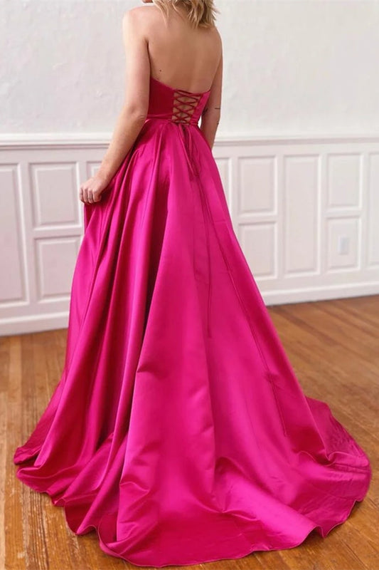 Fuchsia Strapless Prom Dress With Pockets Side Split