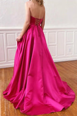Fabulous Fuchsia Strapless Prom Dress With Pockets Side Split