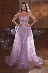 Lovely Glitter Sequins Beads Overskirt Prom Dress Mermaid Spaghetti-Straps Sleeveless