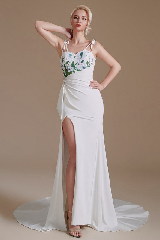 Elegant Satin Mermaid Wedding Gown with Spaghetti Straps, Open Back, and Slit