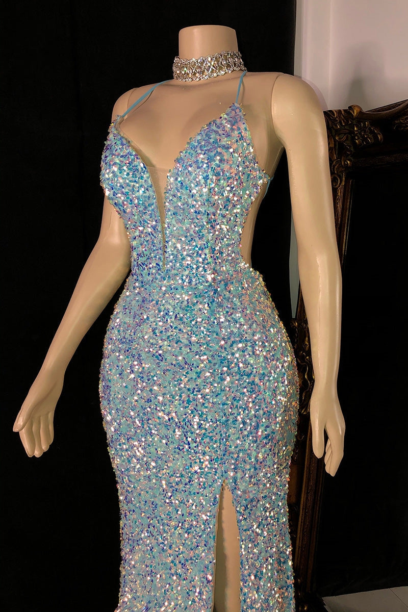 Modern Halter Sequins Mermaid Prom Dresses Sleeveless Long Split On Sale