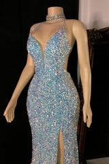 Modern Halter Sequins Mermaid Prom Dresses Sleeveless Long Split On Sale