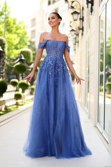 Blue Off-the-shoulder A Line Prom Dress with Lace